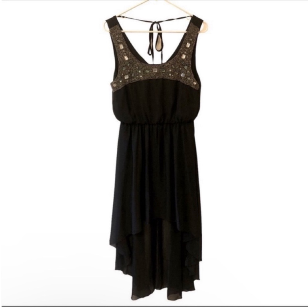 Lily Rose Metallic Beaded Chiffon Dress Black Waterfall Hem Party Evening Small
